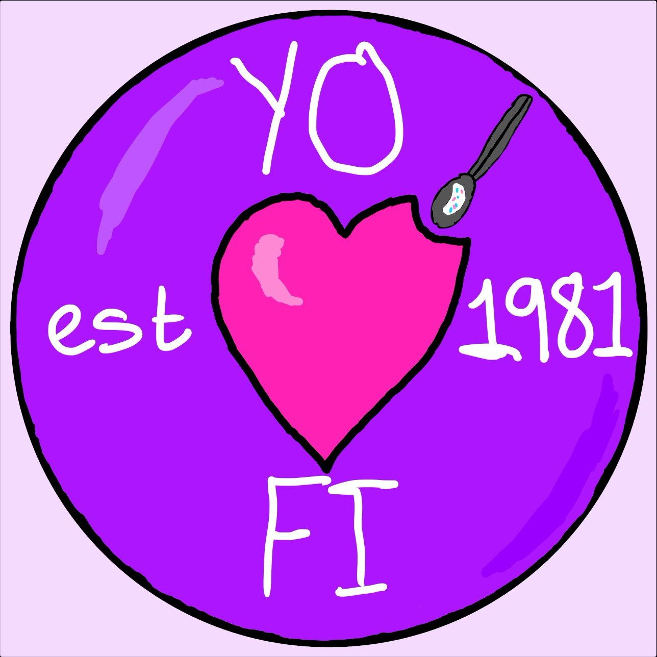 Hand-drawn YO-FI logo with a pink heart, spoon and the words established 1981